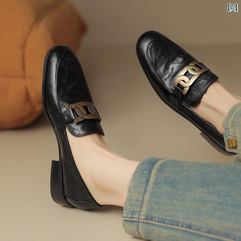 ローファー レディース オフィス カレッジ 通勤 通学 仕事 女性用 革 ベルベット レトロ ローヒール 秋冬 英国 太い ヒール 小さい 革靴 スリッポン 毛 皮 靴