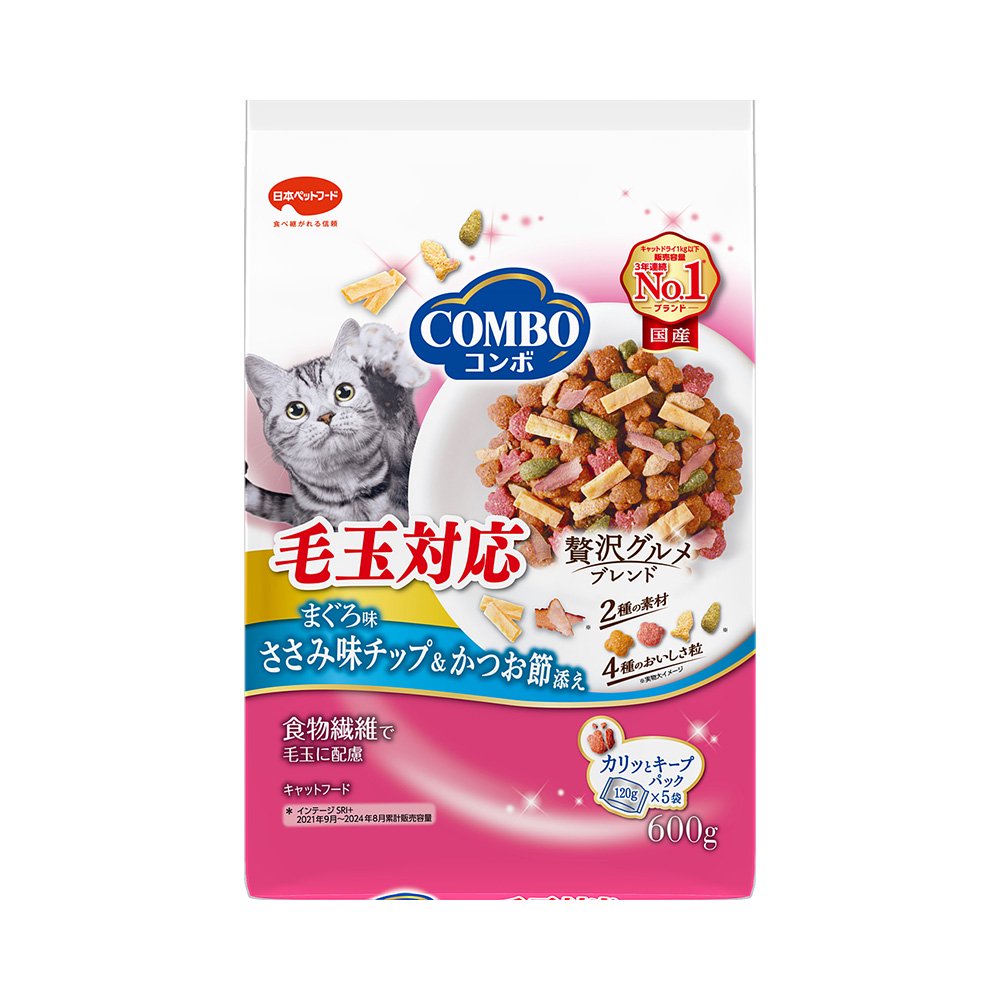 キャットフード　コンボ　キャット　毛玉対応　まぐろ味・ささみチップ・かつお節添え　６００ｇ（１２０ｇX５袋）X１２　ＣＲＣ35―15―60―30―00