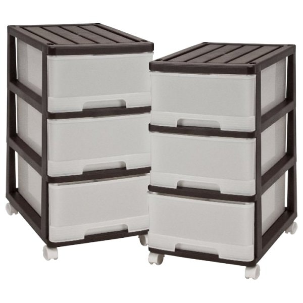 完成品 収納ケース プラスチック 引き出し 深型 3段 2個組 おしゃれ ブラウン キャスター付き