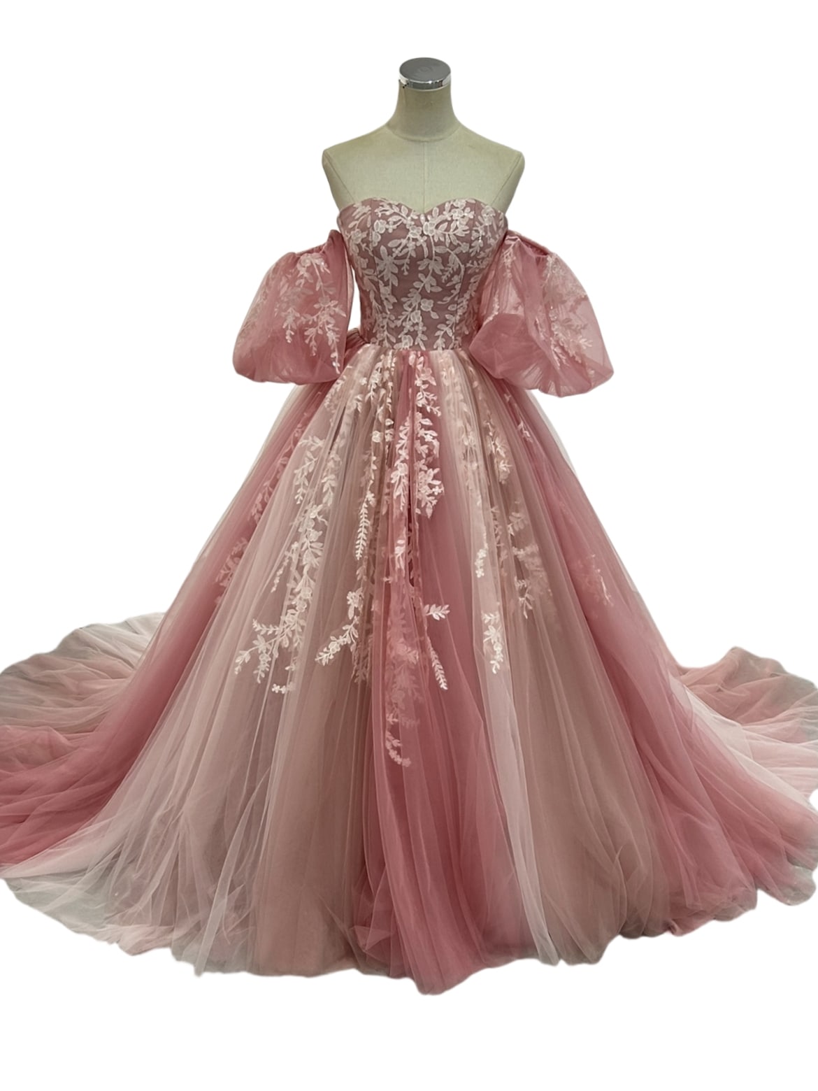 美品！カラードレス ピンク ベアトップ パフスリーブ グラデーション 繊細レース 編み上げ 前撮り