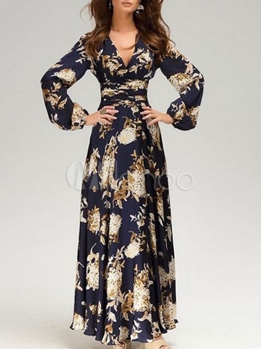 女性のための黒のプリントボヘミアンブロケードマキシドレス