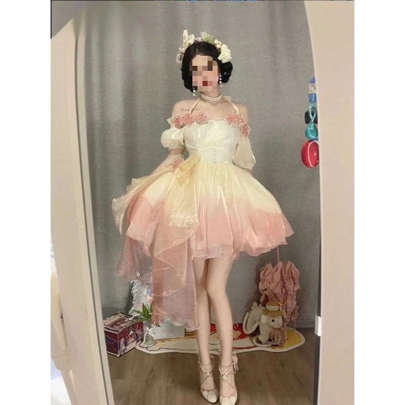 Xianqi メッシュ妖精スカート マーメイド Jidi 逃亡者プリンセス スカート ロリータ 学生 ウェディング ドレス 流れるガーゼ パフ スカート