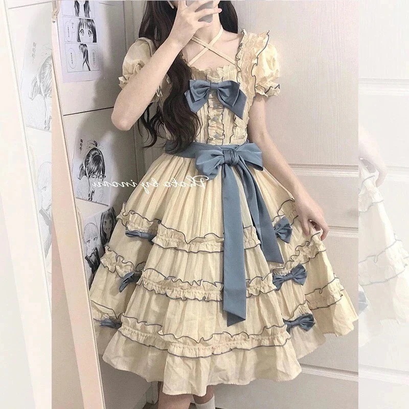 ロリータプリンセスドレスロリータパフスリーブスプライスレースバインディングボウウエストドレス