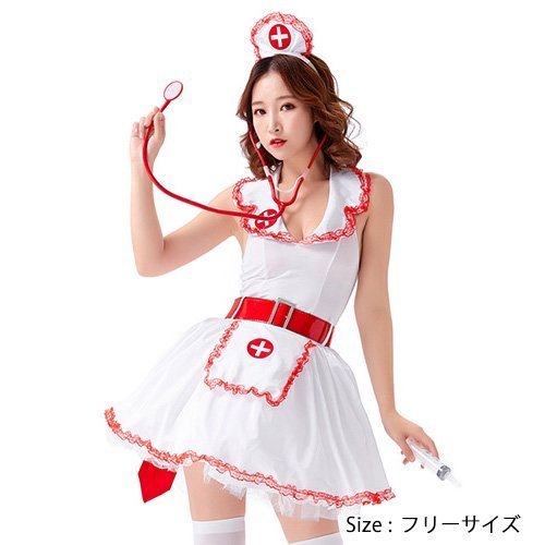 279コスプレ コスチューム ウエストマーク ナース服 Aライン ガーリー キュート バックリボン ふんわり リボン 可愛い ホワイト ｘ レッド フリー GRAXIA グラシア