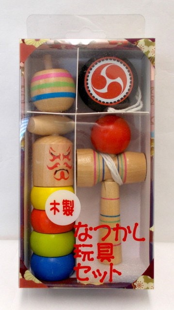 木製なつかし玩具セット（こまけん玉ヨーヨーだるま落とし）　昔の遊び
