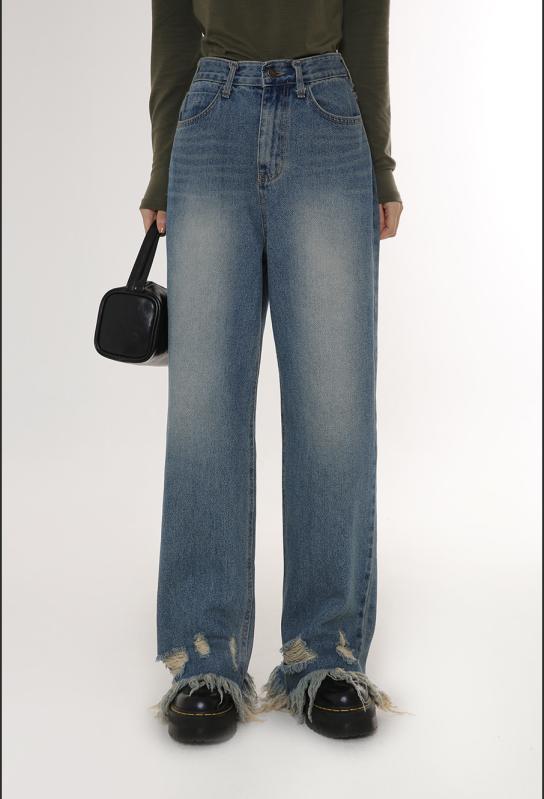 デニムパンツ レディース ダメージ ジーンズ クラッシュ ボトムス レトロ カジュアル ハイウエスト ストレート ウォッシュド フリンジ カットオフ ブルー