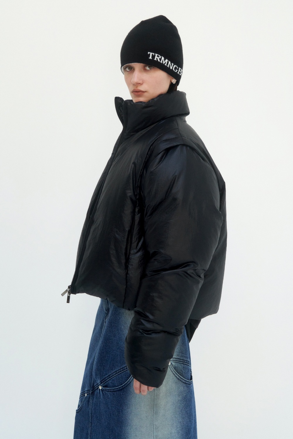 【TREEMINGBIRD】 NYLON 2-WAY CROP PADDING : BLACK