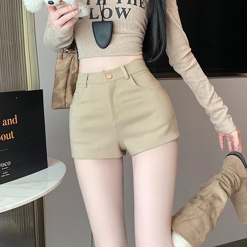 レディース向けアメリカンレトロカジュアルショートパンツ2025年春ハイウエストストレッチスリムフィットセクシーなAラインボディコンホットパンツ