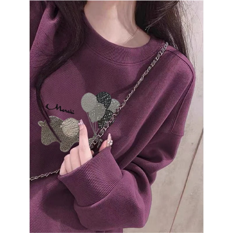 レディース ライトグレー クルーネックスウェットシャツフードなし2025 年春秋の新スタイルゆったりとしたフィット感快適フリース裏地厚手のカジュアルトップス