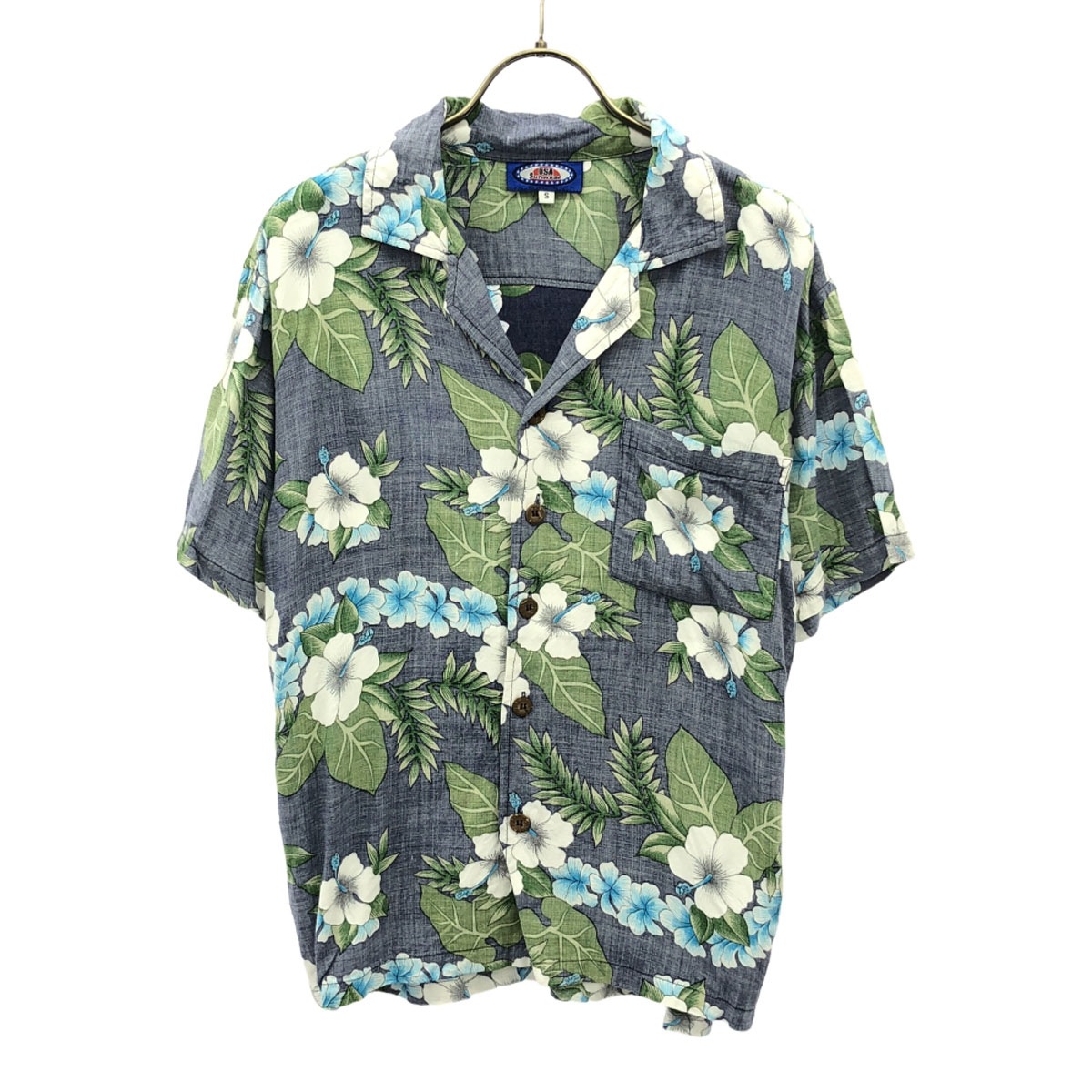 USA Sunwear ユーエスエイサンウェア 80s 90s オールド ハイビスカス 半袖 アロハシャツ S ネイビー系 メンズ 古着