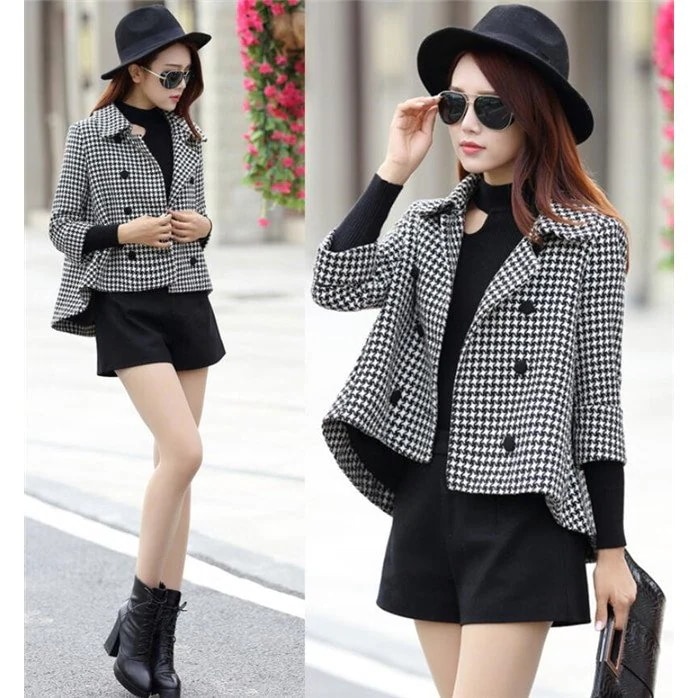 チェスターコートレディース洋服千鳥柄ショート丈アウターオーバーコート冬レディースファ