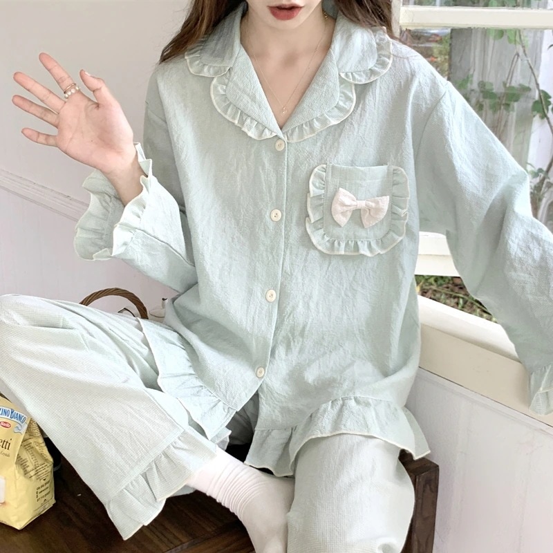レディースパジャマ春秋カーディガン甘い純綿糸長袖かわいいリボン夏ホームウェアセット