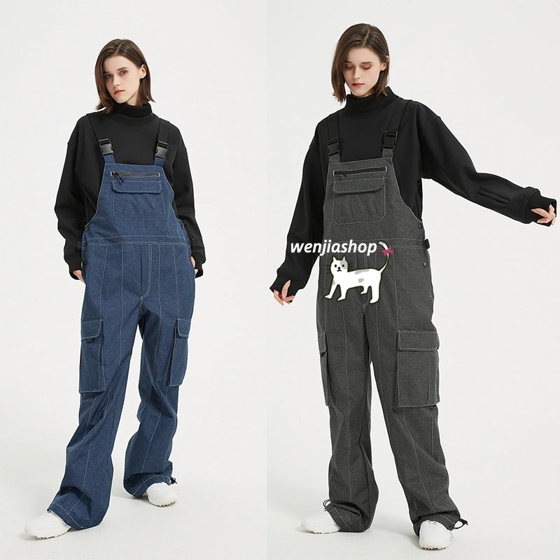 スノーボードウェア デニムパンツ ビブパンツ つなぎ ジーンズ デニムブルー メンズ レディース 男女兼用 2023 2024 新作 スノボウェア スキーウェア スノボーウェア 韓国風 防水 防寒