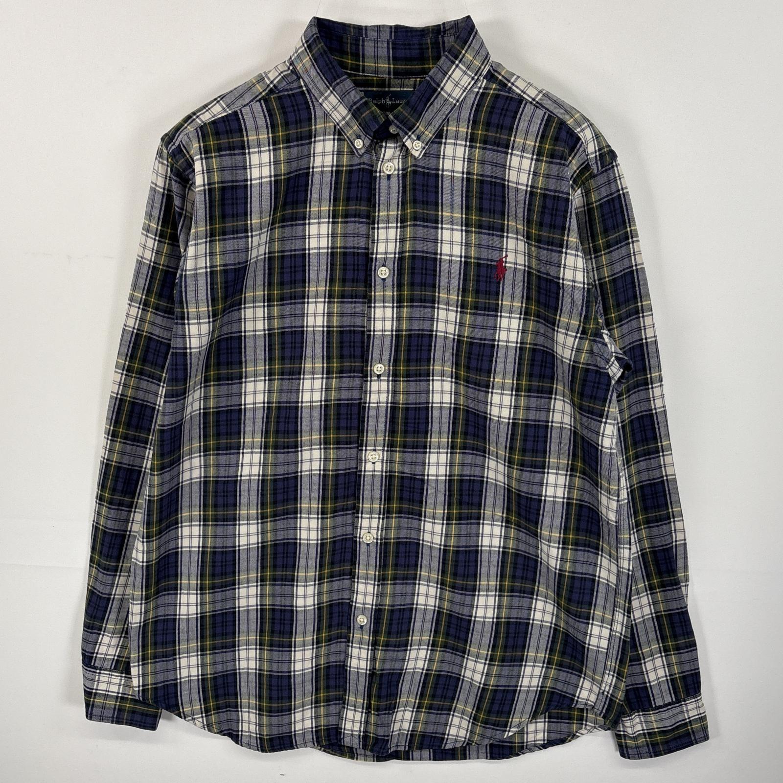 古着 長袖シャツ ボタンダウンシャツ ワンポイント ロゴ 刺繍 XL（18-20） パープル系 チェック メンズ