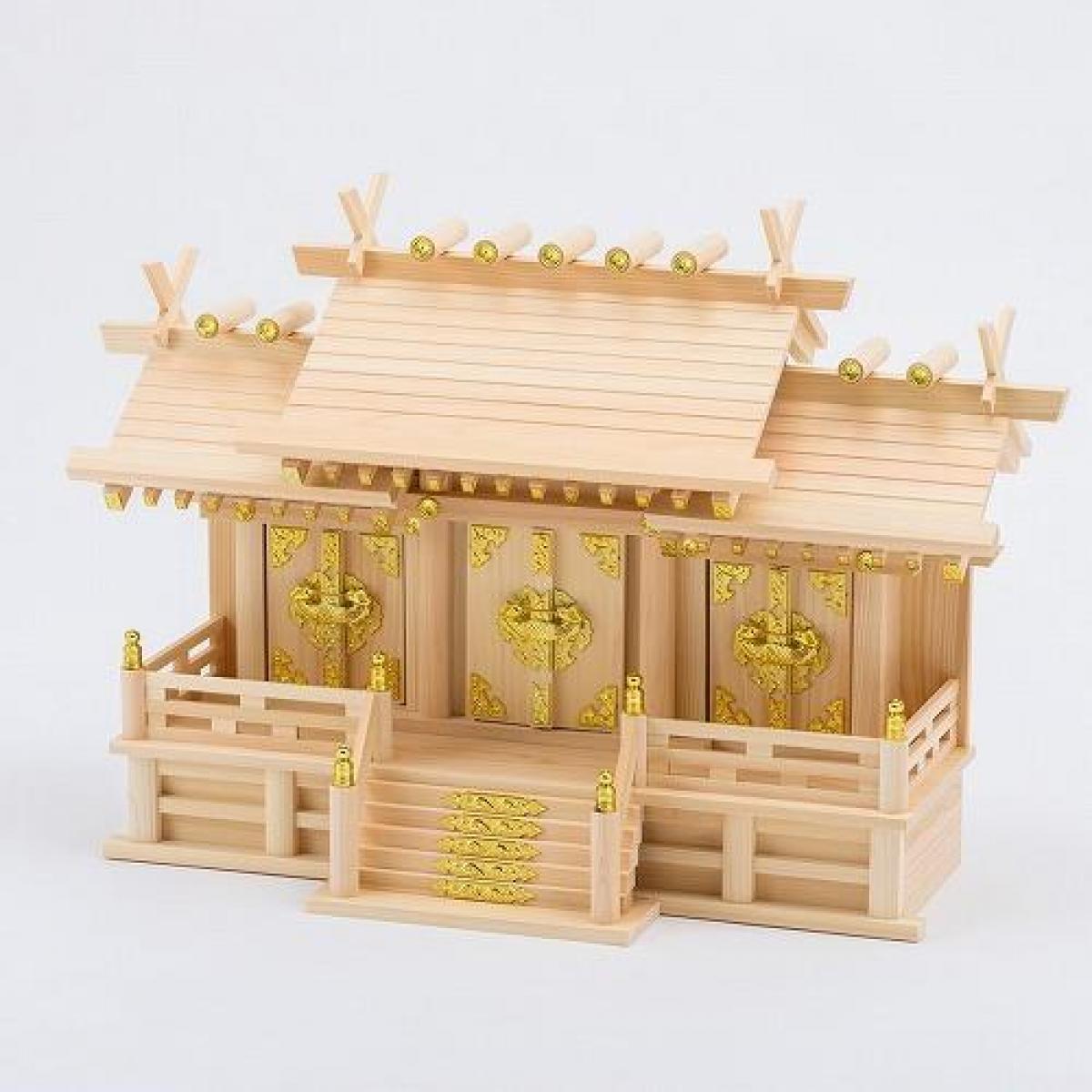 静岡木工 神棚の里 屋根違い三社 桧 （中低床） 神棚 日本製