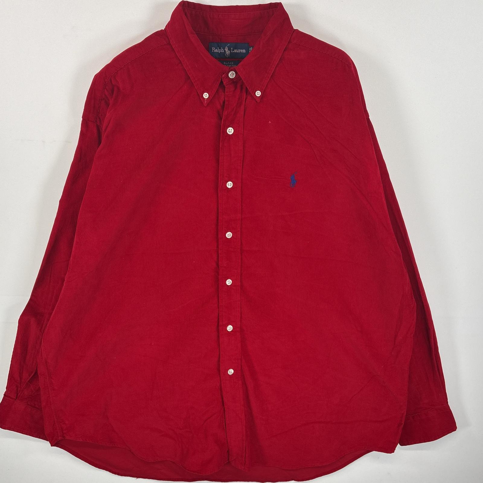 古着 コーデュロイ 長袖シャツ ボタンダウンシャツ ワンポイント ロゴ 刺繍 XL レッド 無地 メンズ