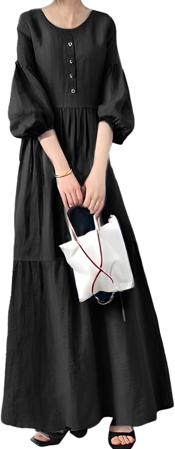 パフスリーブ ワンピース レディース マキシ丈 七分袖(ブラック, S)