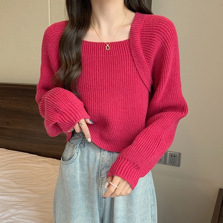 トップス セーター ニットセーター 長袖 スクエアネックプルオーバー ショート丈 萌え袖 かわいい 大人可愛い きれいめ シンプル 上品 おしゃれ かっこいい カジュアル こなれ感 個性的 主役級