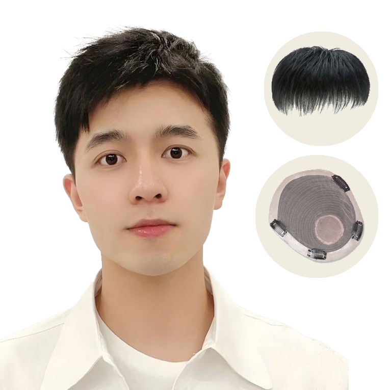 男性の髪の交換ピースかつらカバーヘッド交換額ハゲ髪交換パッドヘアエクステンションフリップウィッグ本物の髪メンズヘアブロック