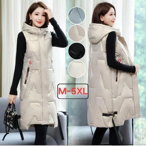 【少数入荷】ベスト レディース アウター 5XL コットン ロング フード付き ノースリーブ ゆったり サイズアップ 韓国ファッション