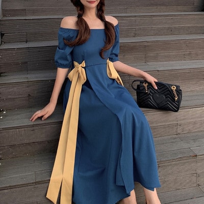 バイカラーフレアワンピース ワンピース フレアワンピース ミモレ ミモレ丈 ロング ロング丈 袖あり 半袖 オフショルダー オフショル フレア Aライン リボン ハイウエスト かわいい 大人可愛い