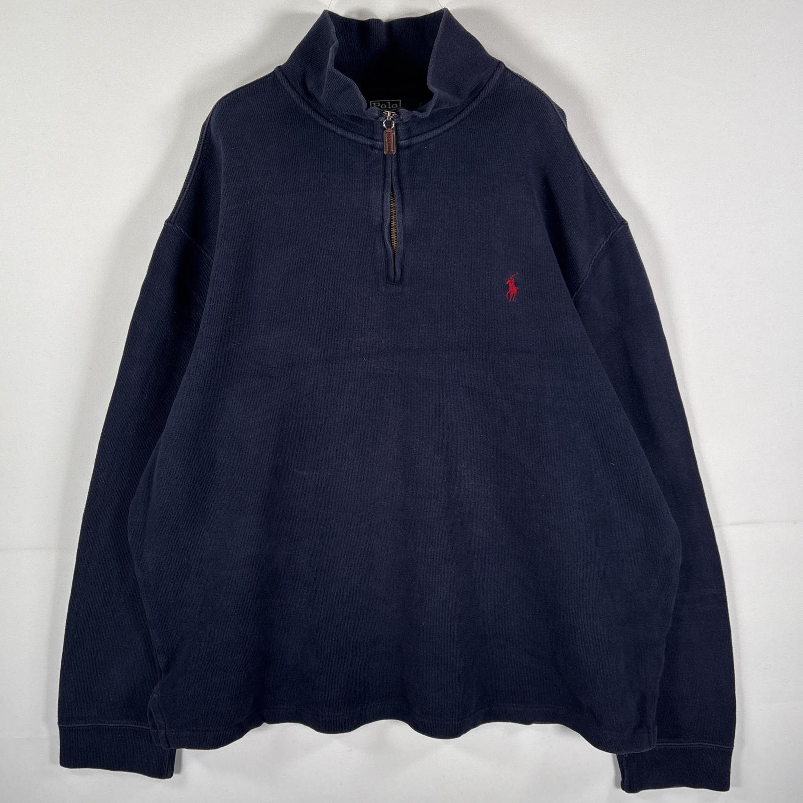 古着 90s/90年代 ポロバイラルフローレン Polo by Ralph Lauren コットンニット ハーフジップ ワンポイントロゴ XXL ネイビー メンズ