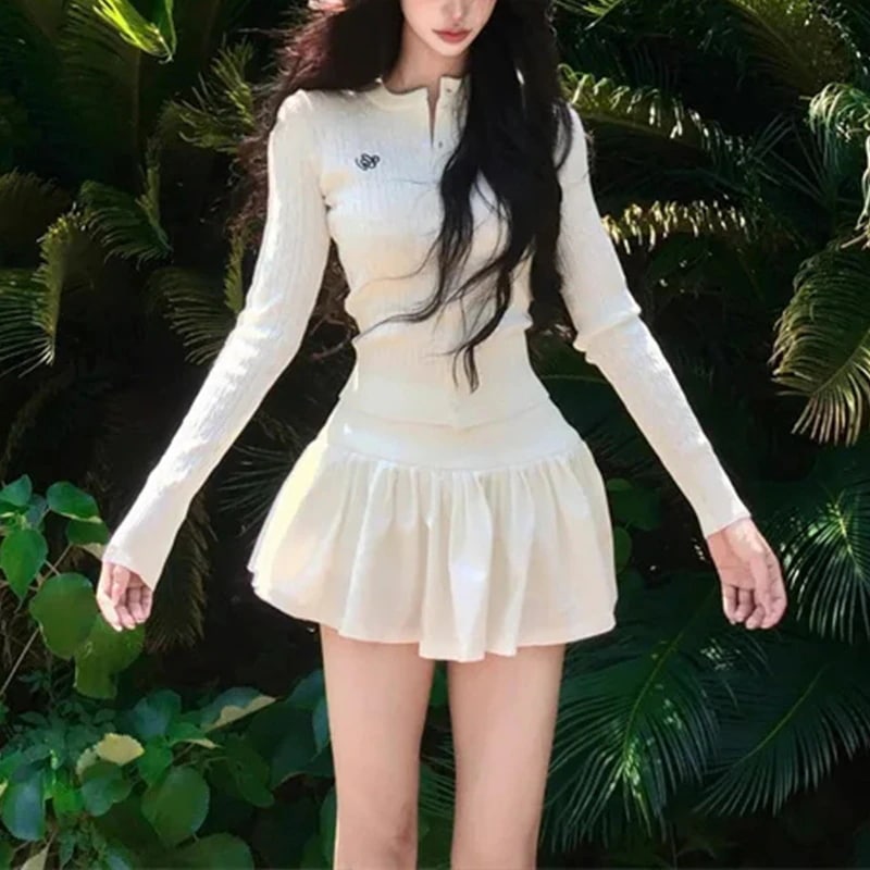 春と秋向けのレディース向け韓国風プレッピー ツーピース セット: 長袖ニット カーディガン トップスとハイウエストのふわふわミニスカート