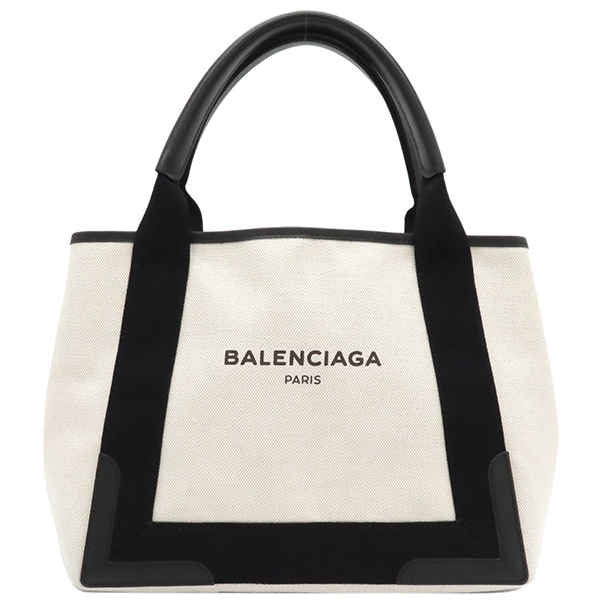 バレンシアガ BALENCIAGA トートバッグ ネイビーカバス キャンバス レザー アイボリーXブラック シルバー金具 白 黒 339933【中古】