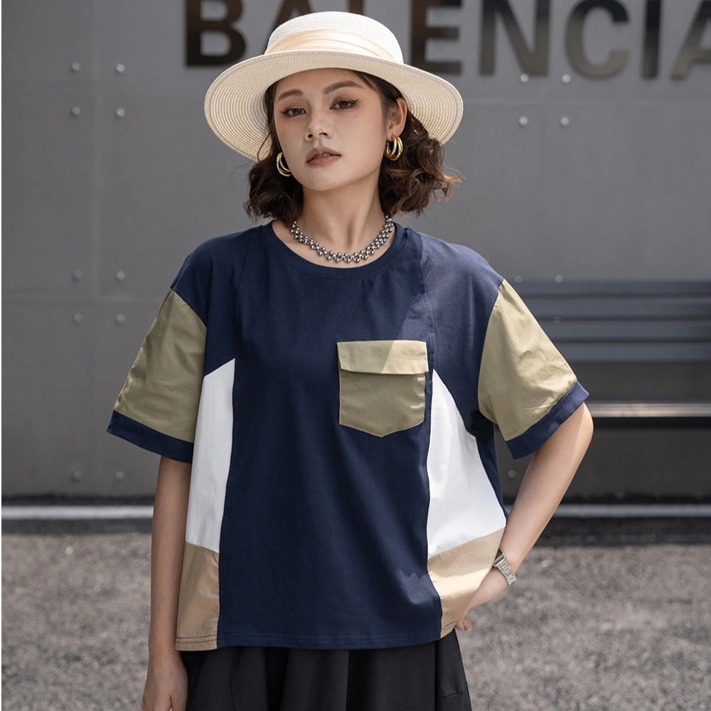 アメリカのレトロ大きいサイズ tシャツ個性的切り替え上着tシャツ レディースTシャツ・カットソー
