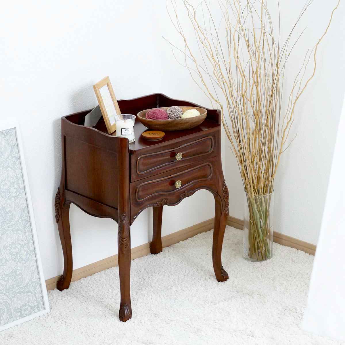 サイドチェスト 2段 猫脚 クラシック調 幅46cm 収納 チェスト ディスプレイ リビングボード 天然木 完成品 マホガニー 木製 サイドキャビネット 引出し 猫足
