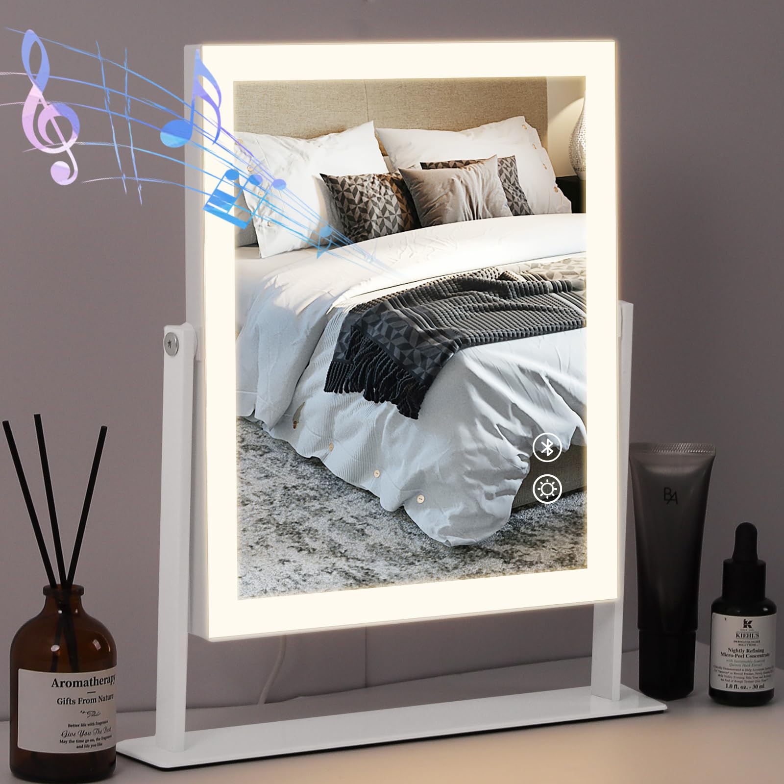 Hansong 女優ミラー ハリウッドミラー 卓上ミラー スピーカー内蔵 ライト付き LED ライトストラップ 明るさ調節可能 三色ライト切替 無段階調光 記憶機能付き 鏡 卓上 LED ミラー 36