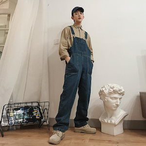 トレンドデニムオーバーオール ヒップホップカジュアルパンツ 韓国ファッションメンズ オーバーオール