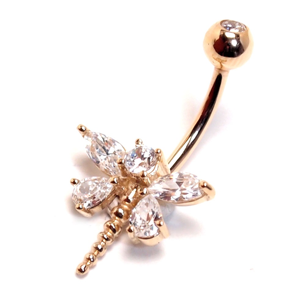 ヘソピアス 14G 14K ドラゴンフライCZ バナナバーベル ボディピアス へそピアス 耳ピアス
