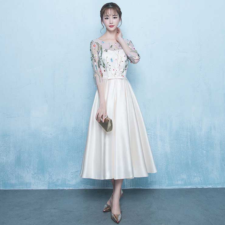 チュール刺繍入りサテンワンピース ワンピース 結婚式 ワンピ 二次会 入学式 入園式 卒業式 大人 上品 OL パーティードレス ドレス フォーマル レディース ミディアム丈 ひざ丈 5分袖7分袖