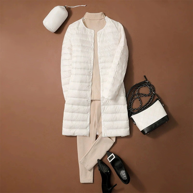 2025秋冬軽量ミディアム丈ダウンジャケット レディース 新作 製品 ラウンドネック ロング アウター Vネック変換可能 インナー