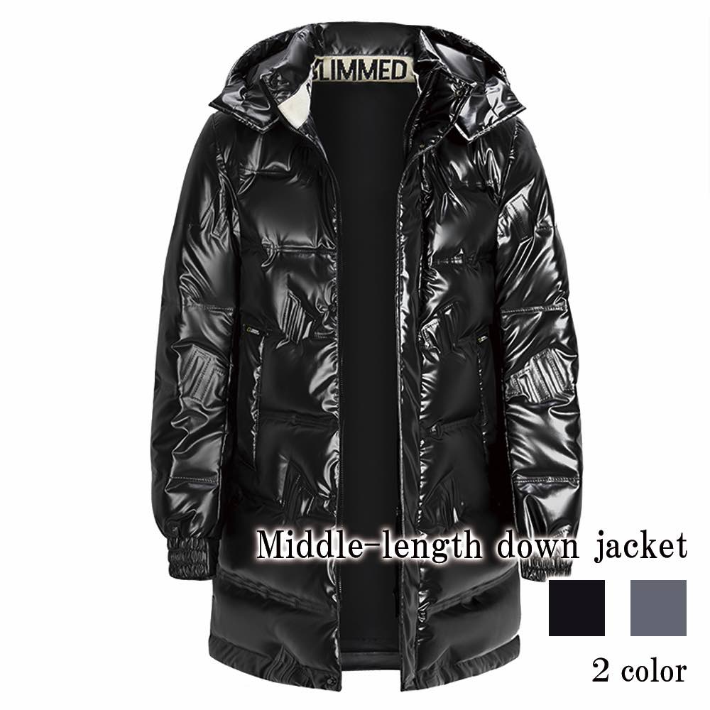 ダウンジャケット メンズ ミドル丈ダウンジャケット 人気 高級 大きいサイズ 春 軽量 フード 細身 ダウン 40代 スリム 黒 冬 光沢 暖かい コスパ コート 秋 アウター おすすめ 白 中綿 ブ