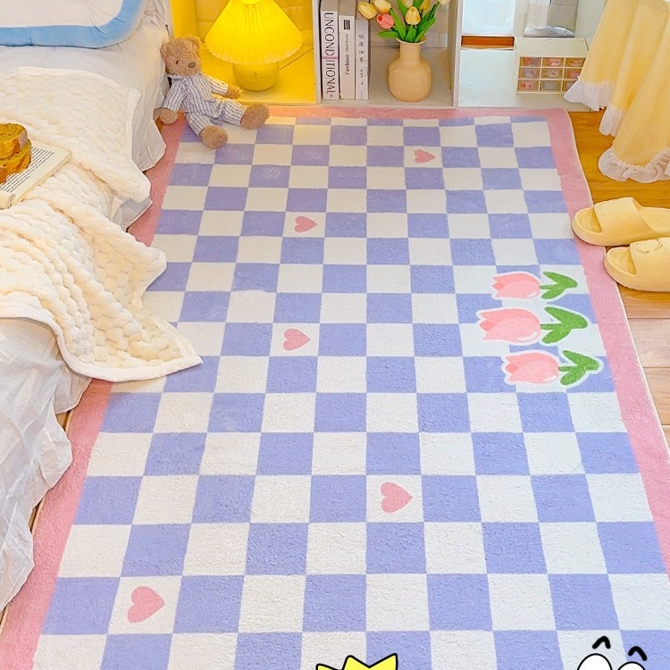 寝室用カーペット模造ラムスキンチェッカーボード柄子供部屋用ベッドサイドブランケット厚手ベッド前出窓畳敷き