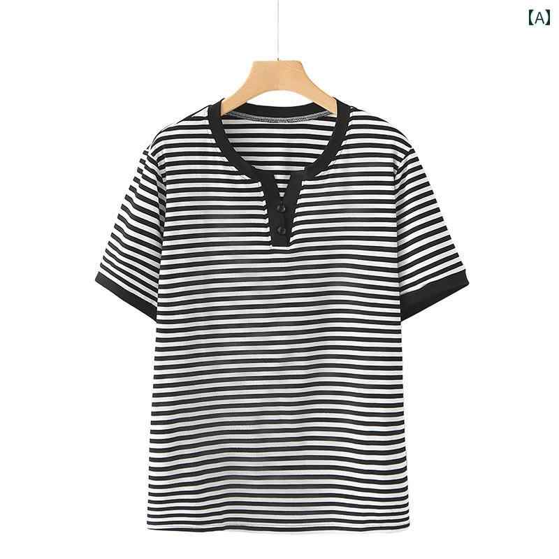 ミセス ファッション おしゃれ 婦人服 上品 淑女 レディース ストライプ 半袖 Tシャツ 夏 ラウンドネック 半袖 Tシャツ スリム 体型カバー トップス ぽっちゃり 大きいサイズ