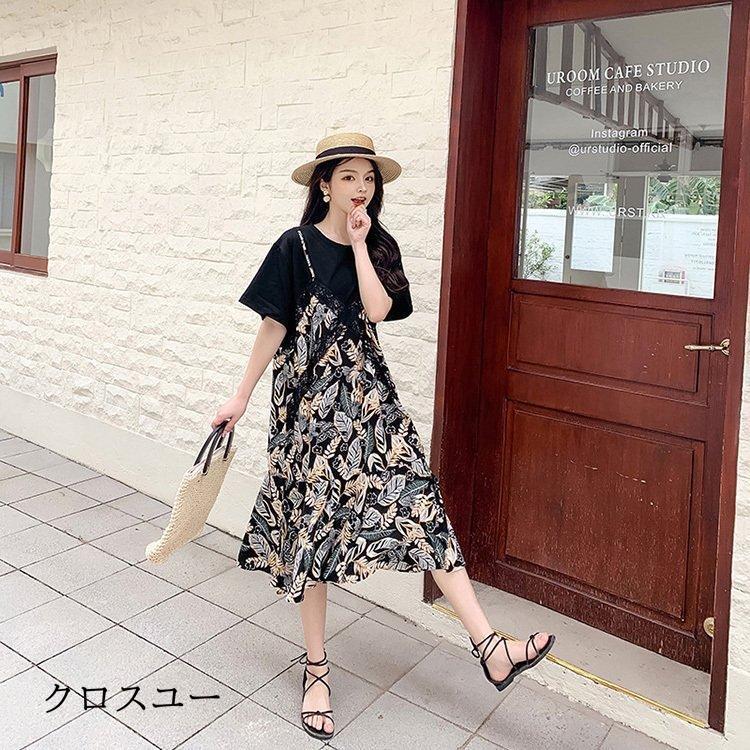 ワンピース レディース 40代 マキシワンピース 春夏 半袖 フレアスカート きれいめ 総柄 切り替え レース 韓国風 20代 30代 50代 フェイクレイヤード