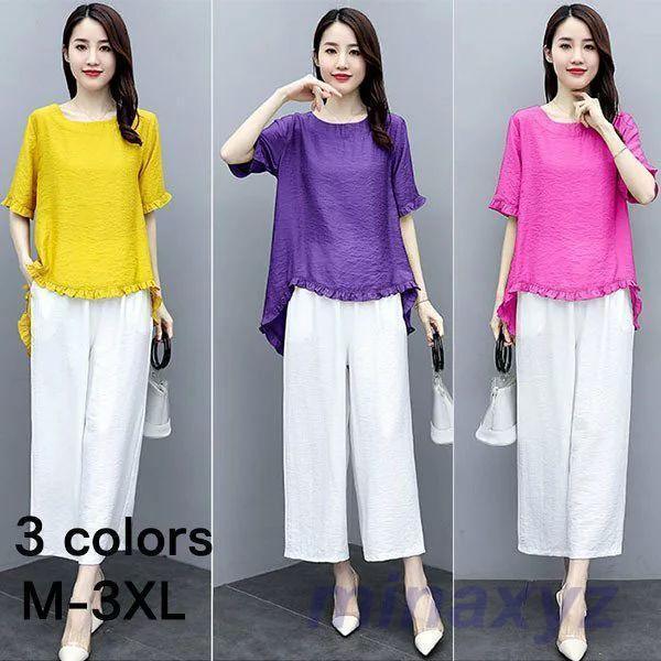 売れ セットアップ レディース ガウチョパンツ 夏 ワイドパンツ 上下セット リネン カジュアル 2点セット 半袖 おしゃれ 体型カバー 着痩入学式 通勤 上品 着痩せ