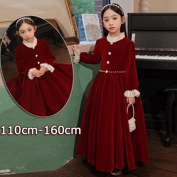 キッズ ドレス パーティー 長袖 お姫様 ロング丈 エレガント ワンピース 子供ドレス ファスナータイプ 子どもドレス 女の子 ロング丈 フォーマル ステージ衣装 ピアノ 発表会 クリスマス 赤
