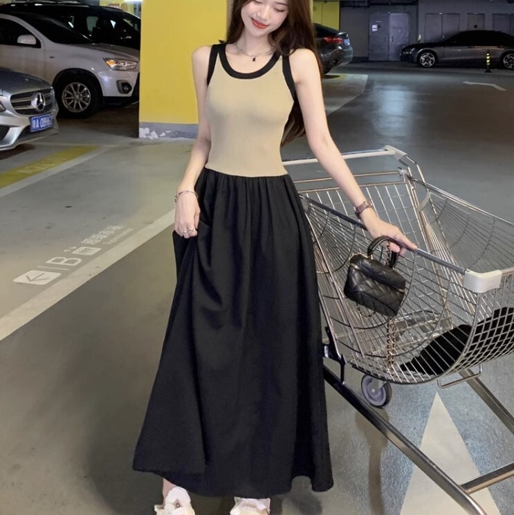 ニットスプライシングワンピ ノースリーブドレス ニットドレス ワンピース 高級 ノースリーブ かわいい 大人可愛い きれいめ シンプル カジュアル 大人 上品 おしゃれ お洒落 かっこいい 大人女子