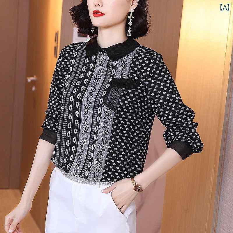 レディース シャツ ブラウス トップス 長袖 マルベリー ポロ襟 レトロ柄 プリント モノクローム ポケット クラシック オフィス ビジネス 外出着