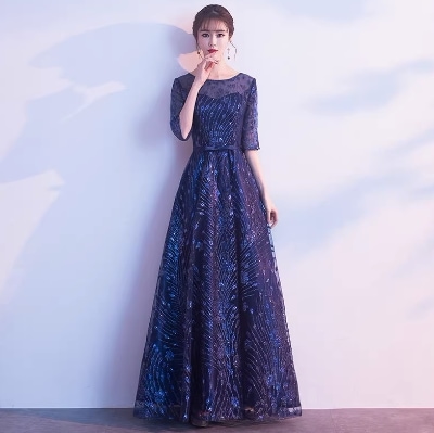 レディース スカート ワンピース ドレス 7分袖 ラウンドネック フレア フェミニン レース 刺繍 チュール シフォン ウエストマーク 透け感 シースルー スパンコール オーガンジー 大人可愛い