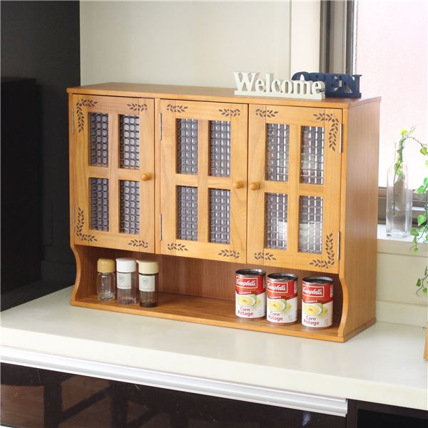 リーフ柄 カウンター上収納 調味料ラックライトブラウン 上置き 引き戸 収納 棚 両面開閉 木製 幅68cm おしゃれ キッチン 完成品