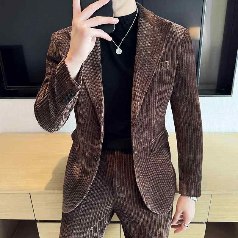 スーツ メンズ 男性用 スリムフィット コーデュロイ セットアップ 無地 ビジネス フォーマル ジャケット ブレザー 韓国風 おしゃれ トレンド ピークドラペル 秋冬 ブラック ダークグリ