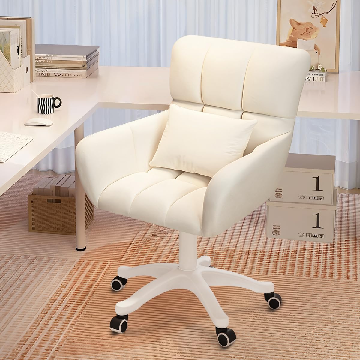 Alucksオフィスチェア デスクチェア パソコンチェア 椅子 キャスター付きチェア 360回転 腰クッション付き 高さ調節自由 学習 勉強 かわいい スタイリッシュチェア コスメチェア ラーニング