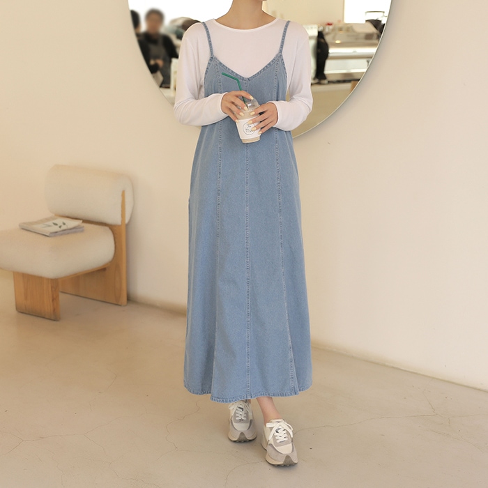 [韓国ファッション] デニムキャミソールワンピース（ロング丈）