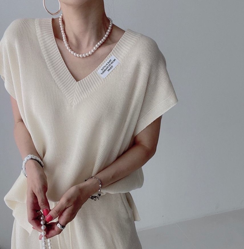 レディース 4カラー セットアップ トップス ニット生地 Vネック 半袖 リブ