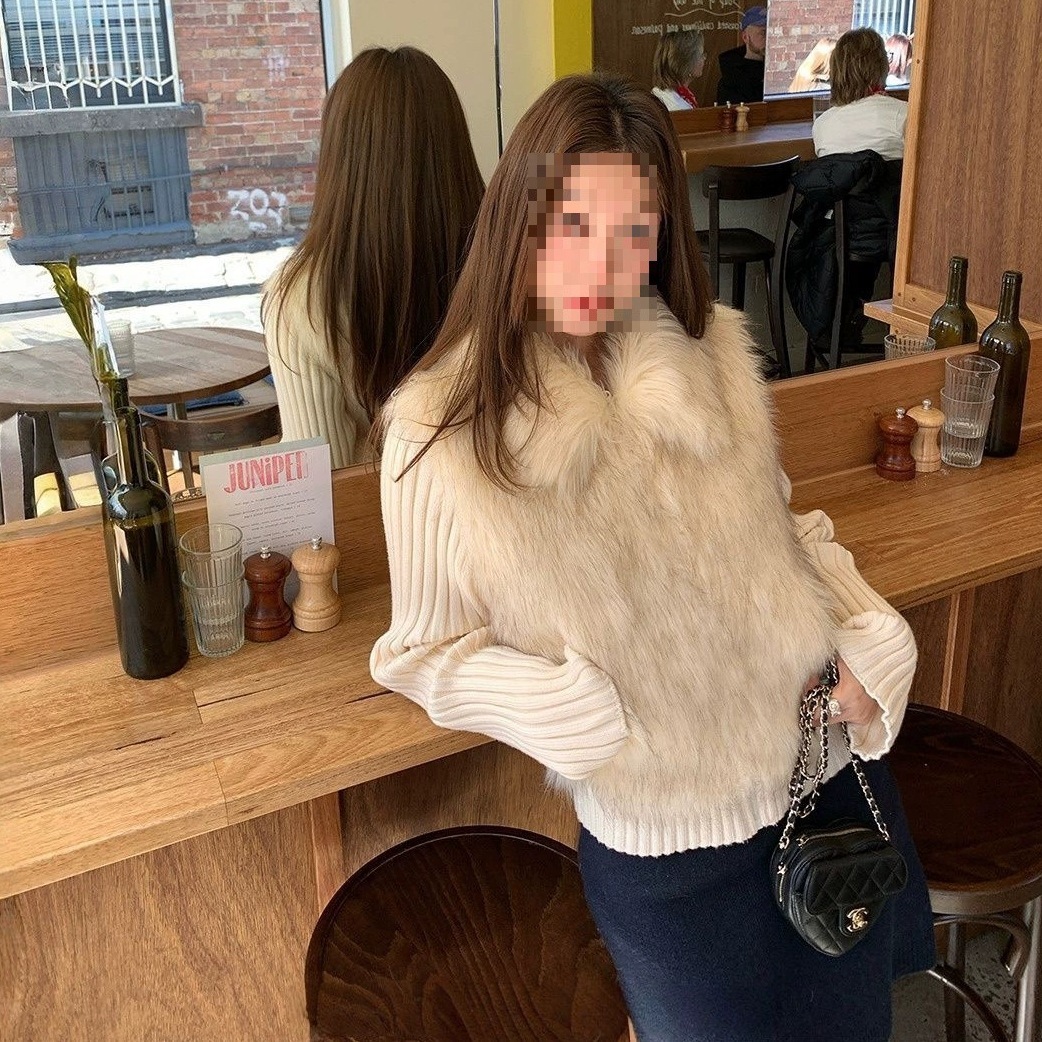 ウール地 オープンカラー 拼接 ニット 一体 厚手 ファー アウター レディース